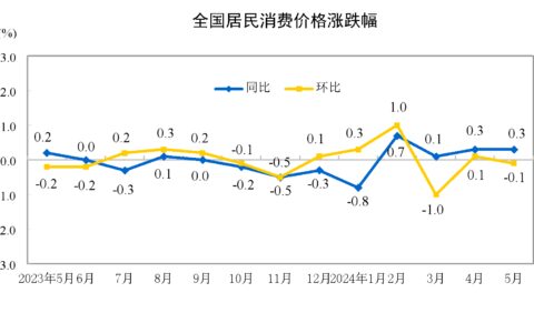 中国5月CPI环比微降0.1%，PPI环比由降转涨0.2%-统计局:5月cpi同比上涨1.3%